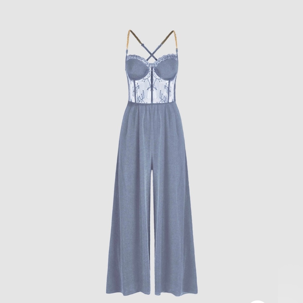 NWT, CIDER - Lace Corset Chain Cross Wide Leg Palazzo Jumpsuit, Size L